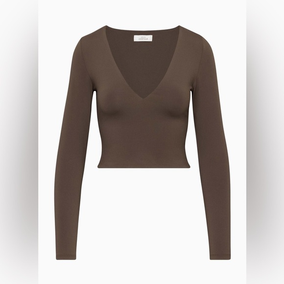 Aritzia Babaton Contour Brown Plunge V Neck Long Sleeve Crop Tee - Picture 10 of 10